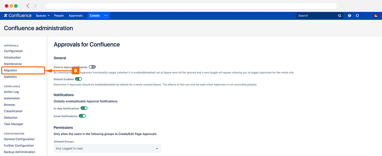 Accessing the Migration tool in Approvals for Confluence