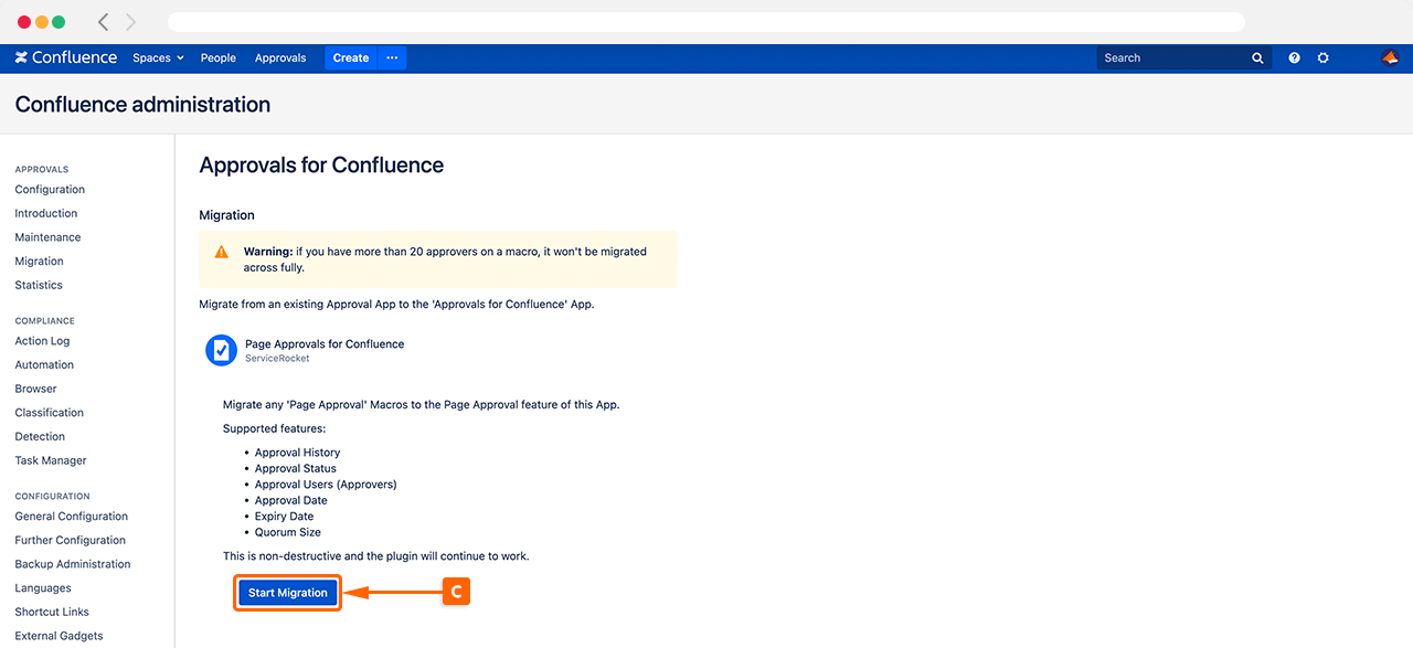 Starting the migration process in Approvals for Confluence