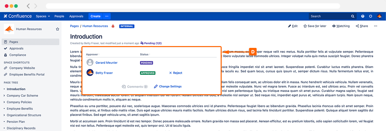 Approvals being displayed in a pop-up window on a Confluence page