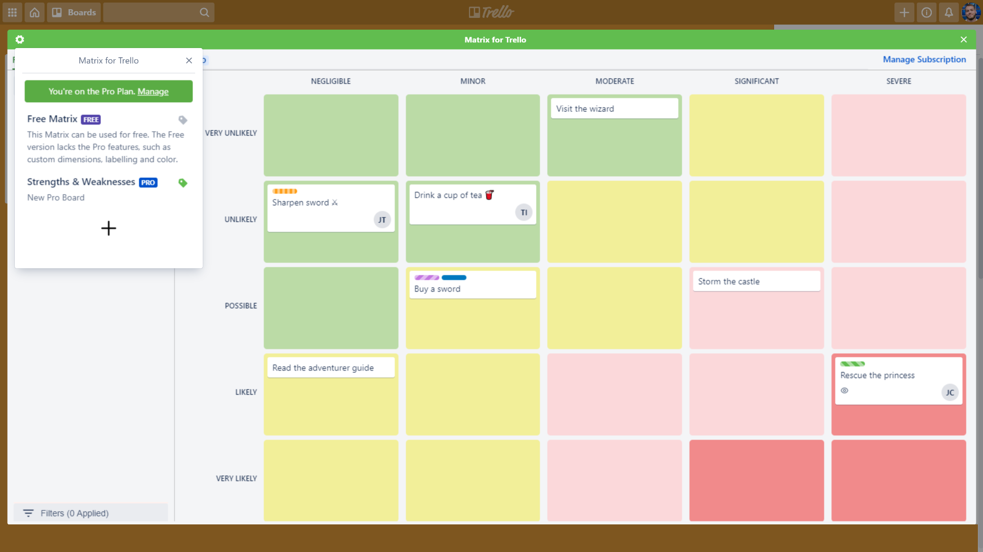 Matrix for Trello Pro showing the default Risk Matrix