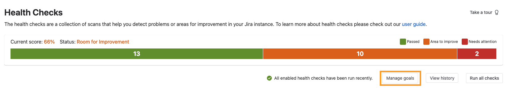 screenshot of the health checks page, with the manage goals button highlighted