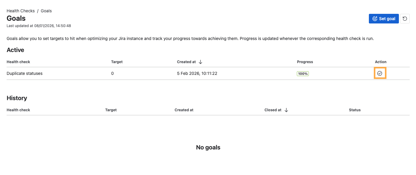 screenshot of the goals page, with the complete goal icon highlighted