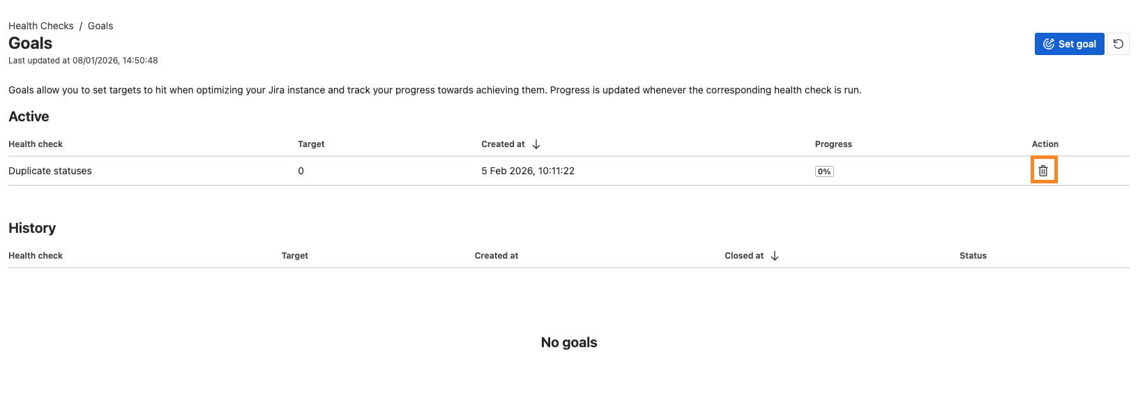 screenshot of the health check goals page, with the cancel goal icon highlighted