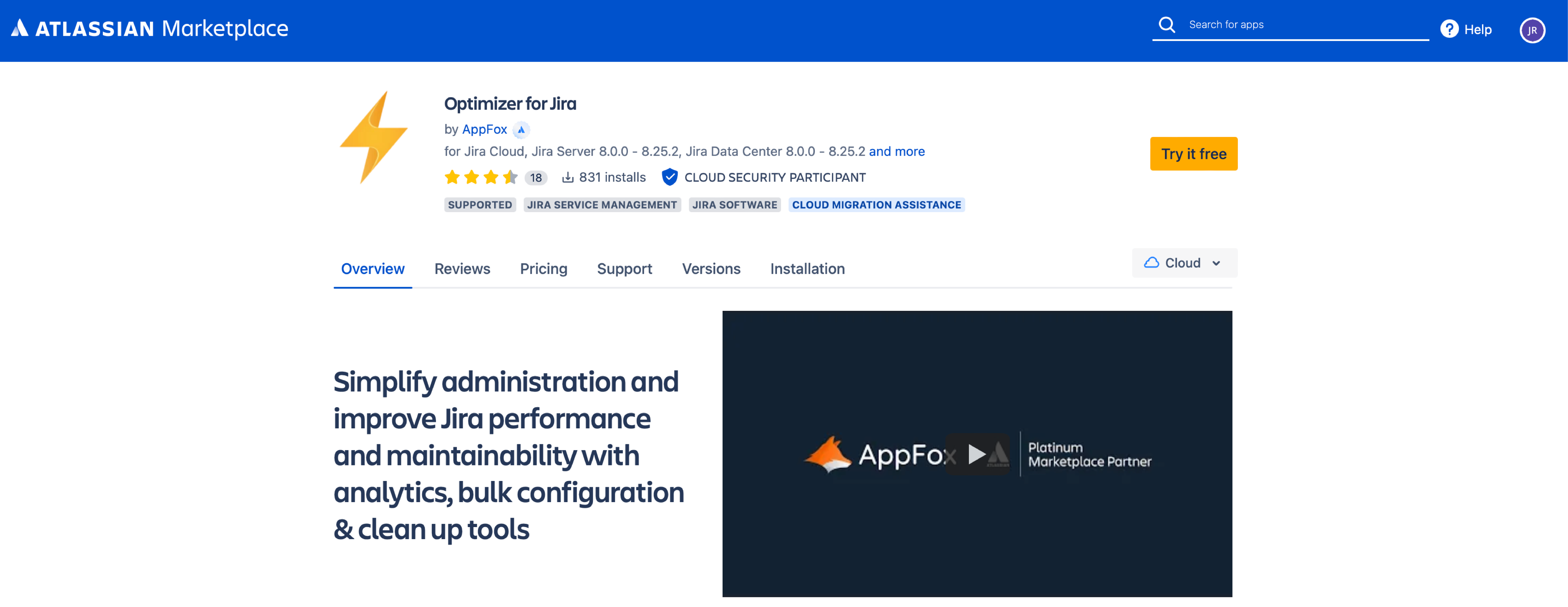 Optimizer for Jira product listing on the Atlassian Marketplace
