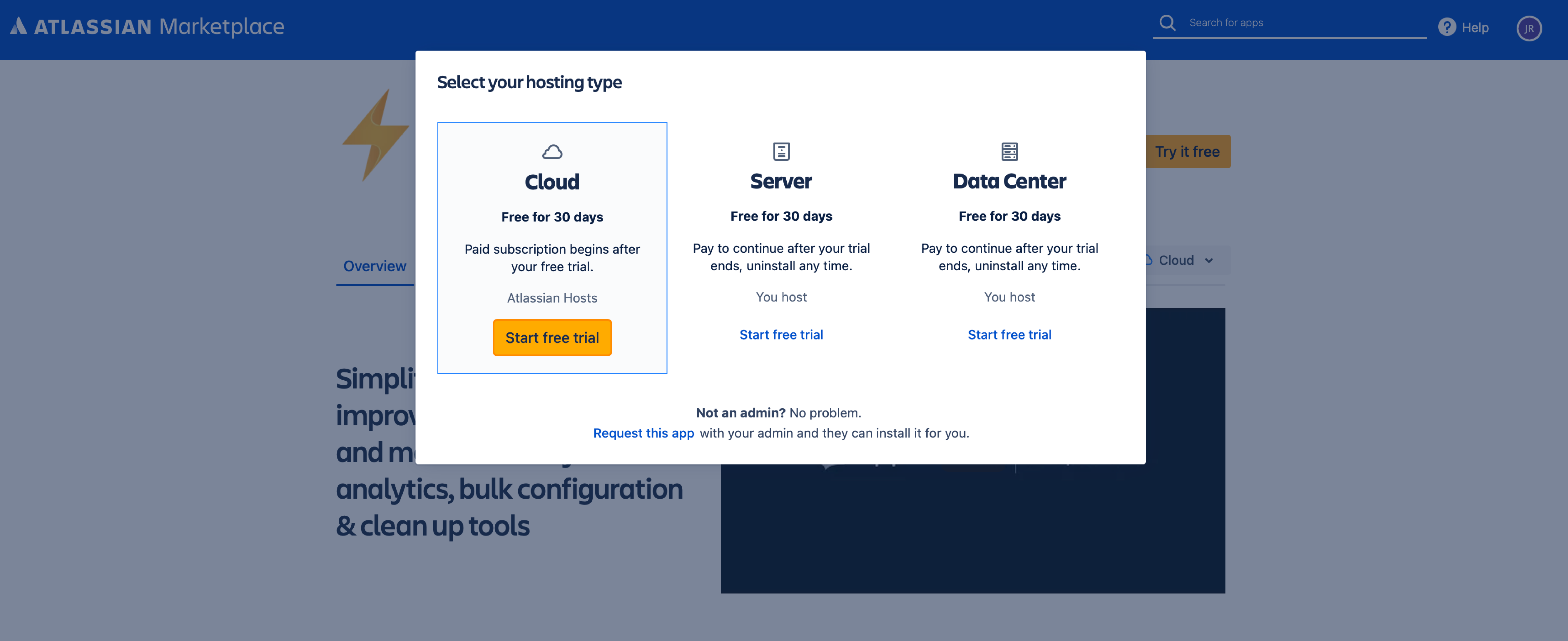 Selecting between the Cloud, Server, or Data Center version of Optimizer for Jira