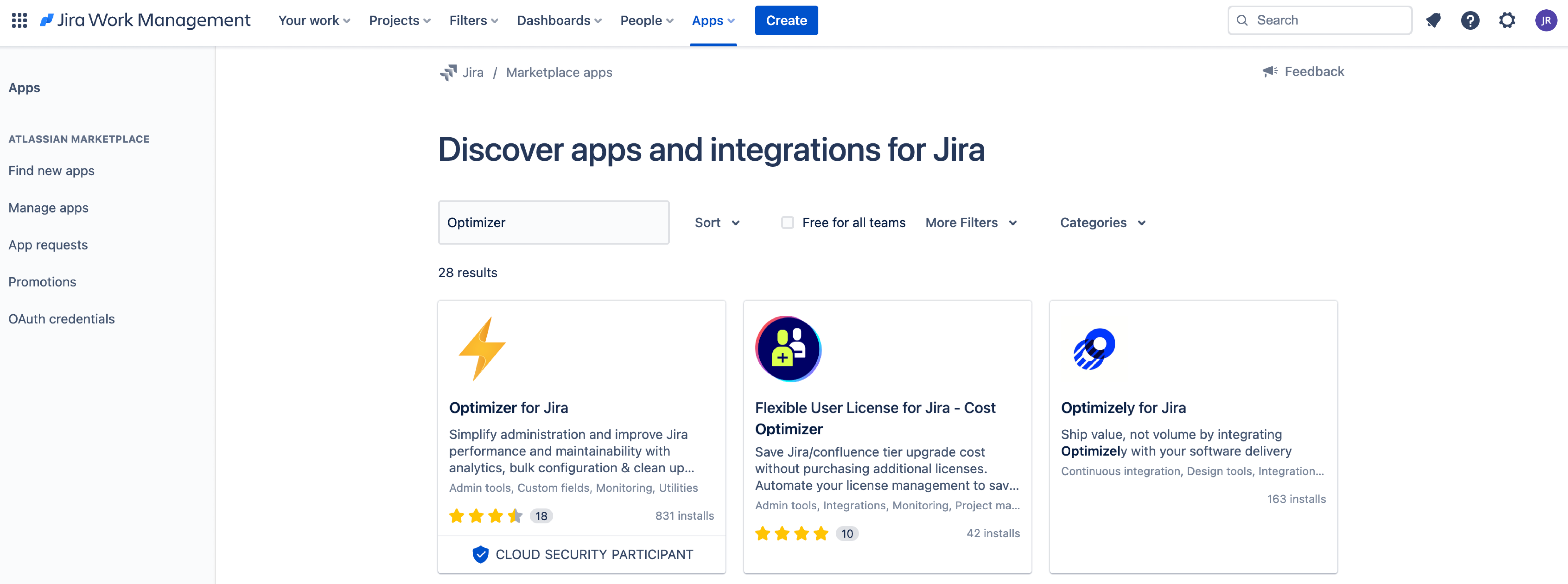Searching for Optimizer in the built-in app marketplace in Jira.