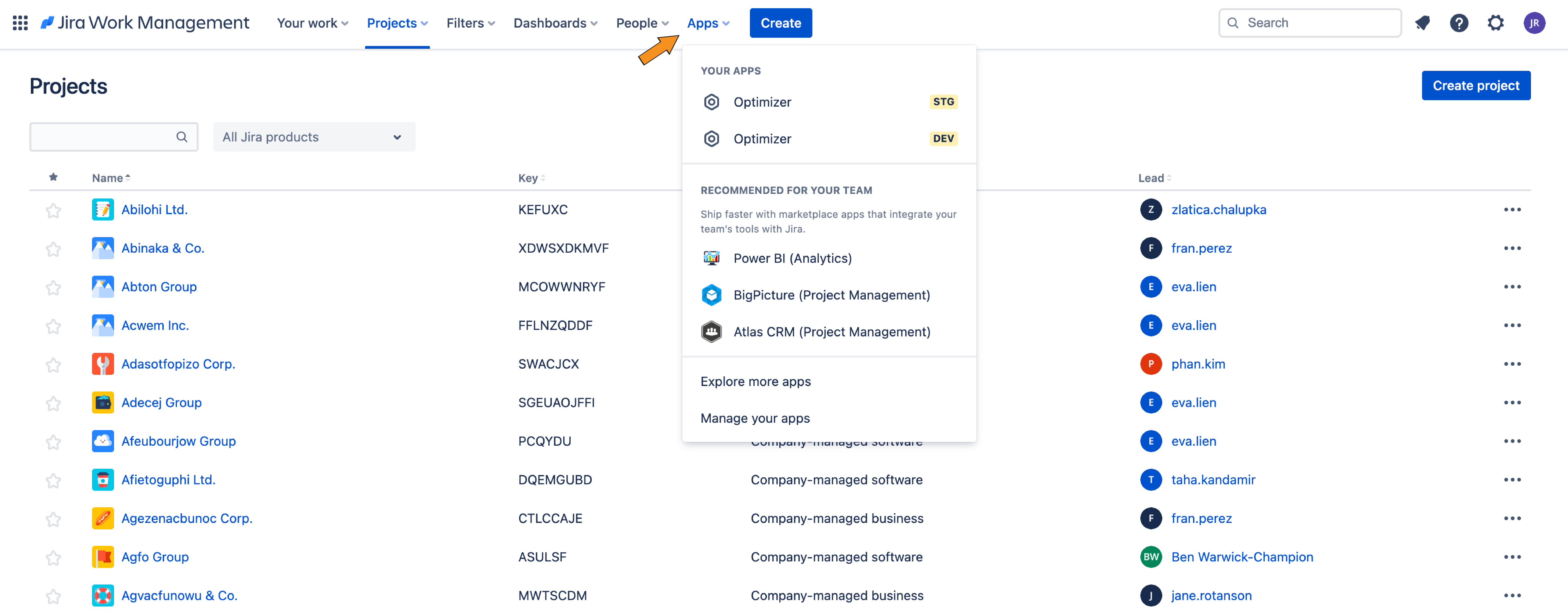 Opening Optimizer through the Apps menu in Jira