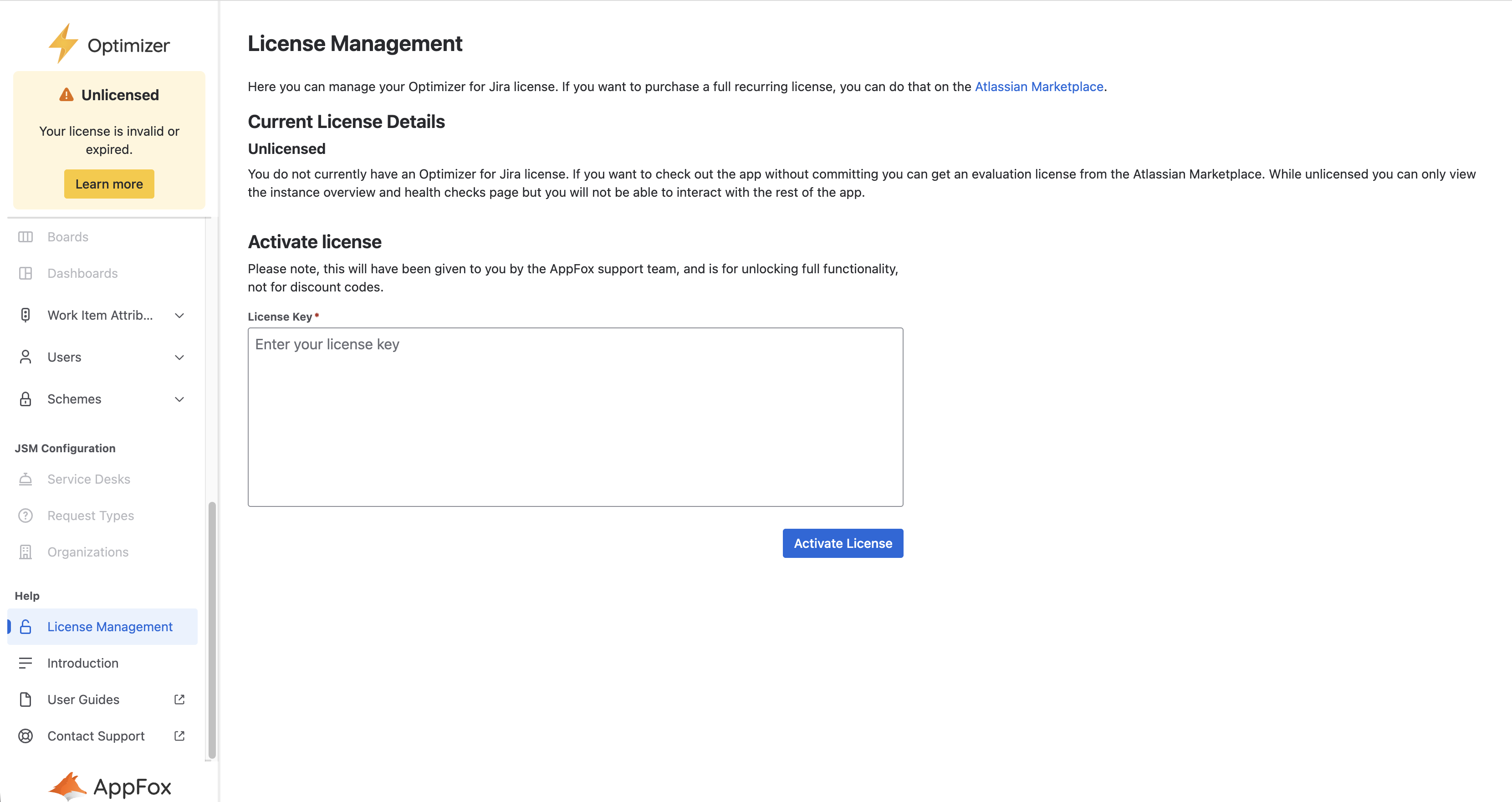 The Optimizer License Management page. The License Management navigation link within the Help category is highlighted.